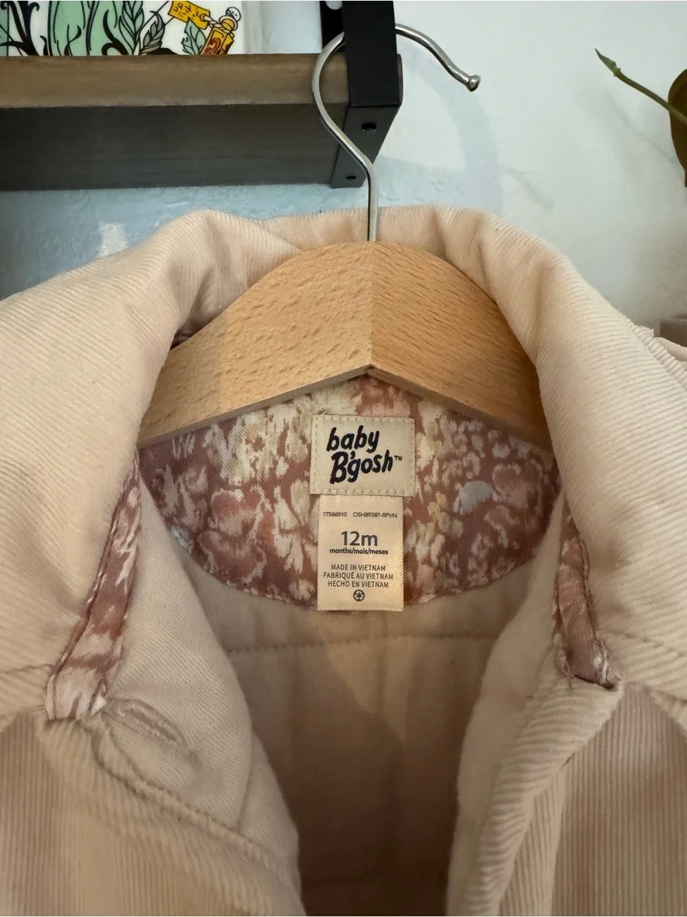 OshKosh B'gosh Cream Corduroy Puffer Jacket with Floral Lining 12M